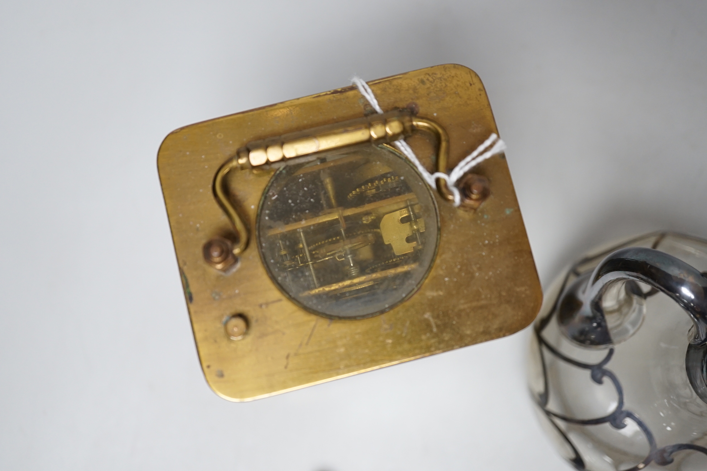 Antique and later objects including Georgian cut steel buckle, car mascot in the form a jockey on horseback, silver overlaid scent bottles and carriage clock with enamel dial